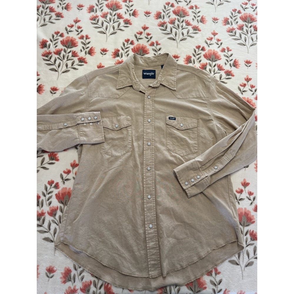 Wrangler Mens XL Tan Khaki Western Snap Front Canvas Shirt Raw Hem Long Sleeve